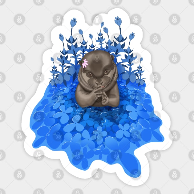 Cute Otter floating in the blue water with flowers Sticker by KateQR